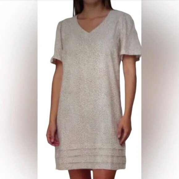 Nicole Miller Tan & White Linen Blend Shift Dress XL - Picture 2 of 9